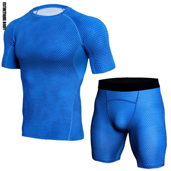 

sports brand compression suit men running short 2 piece set compression t-shirt + shorts men's gym jogging running tights suit, Black;blue