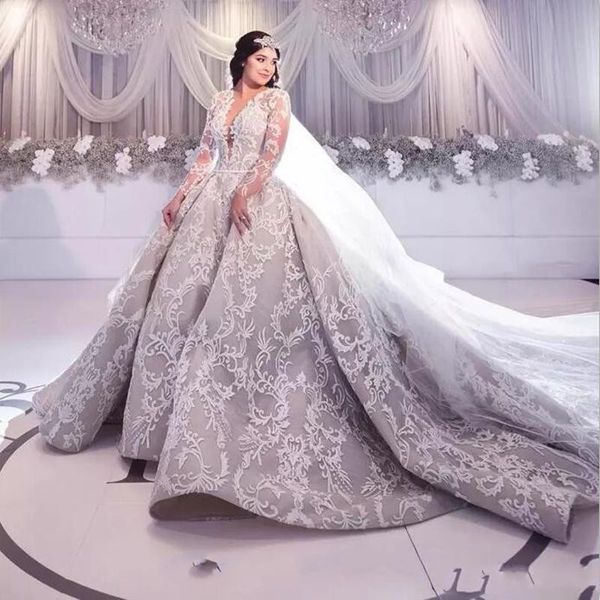 Glamouröse Luxus-Hochzeitskleider aus Spitze, durchscheinender Juwelenausschnitt, lange Ärmel, Spitzenapplikationen, Hochzeit, Gwon Plus Size, Dubai Plus Size Brautkleid