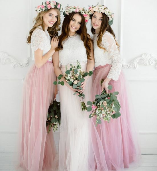 

two pieces country bridesmaids dresses jewel neck lace wedding guest dress floor length tulle plus size maid of honor gowns, White;pink