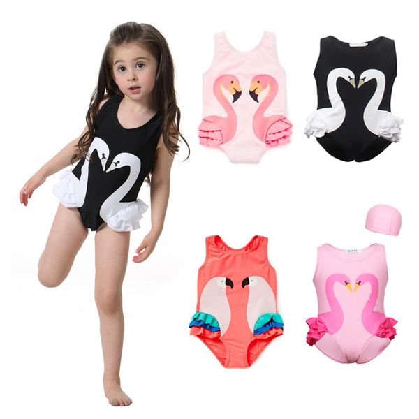 

flamingo girls swimsuit kids swan swim suit baby cap boy child one piece swimwear for children cartoon printed parrot, Black