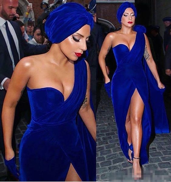 

Lady Gaga 2019 New Royal Blue Сплит Вечерние платья Русалка на одно плечо Бархатные Длинные кр