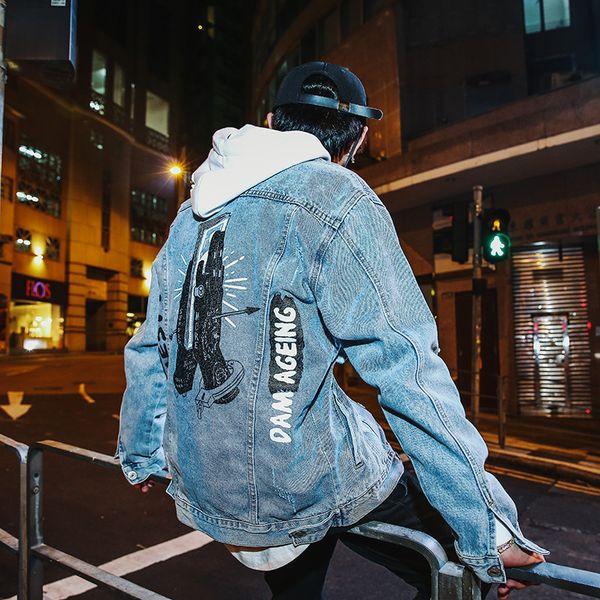 

men's jacket 2018 autumn new styles hole print denim jacket men loose hip hop stand casual jeans bomber streetwear coat, Black;brown