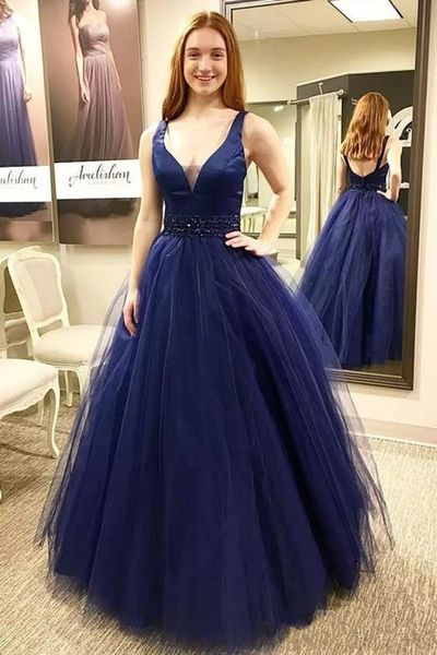 

2018 new dark blue deep v neck a line prom dresses sleeveless backless with beaded sash tulle floor length party evening gowns, Black
