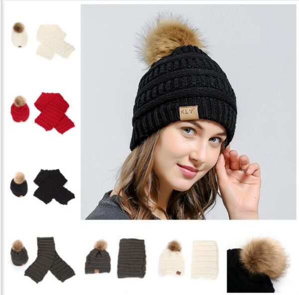

winter girls knit cotton caps beanie warm women solid color hats pompon raccoon fur skullies scarf, hat & scarf 2 piece sets, Blue;gray