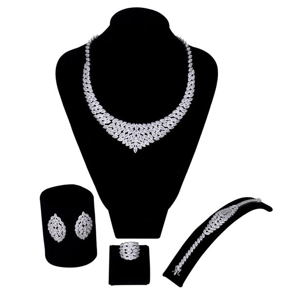 

new arrival luxury women wedding jewelry sets setting white cz 4pcs sets ( necklace + bracelet + earrings ring) ing, Slivery;golden