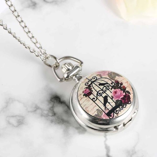

fashion vintage quartz pocket watch alloy bird cage pattern women ladies girls sweater chain necklace pendant clock gift lxh, Slivery;golden