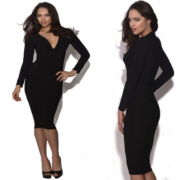 

casual dresses lady bodycon slim fashion deep v-neck long sleeved knee-length women party evening robes pencil, Black;gray
