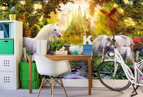 Papel de parede sem costura em grande escala mural 3D personalizado foto mural papel de parede floresta lótus lagoa água potável cavalo animal crianças fundo