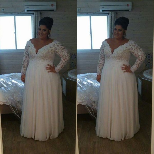 

super plus size wedding dresses v neck a line floor length pretty water soluble lace and chiffon vintage long sleeve bridal gowns, White