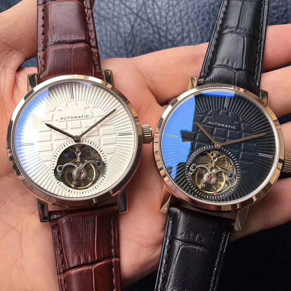 

wholesale brand piagat the latest men's automatic flywheel hollowed mechanical watch, leather strap two color dial male wristwatches, Slivery;brown