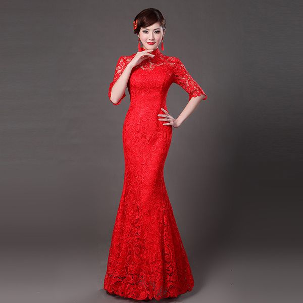 

half sleeve modern chinese wedding gowns traditional qipao cheongsam design evening dress fish dresses vestido oriental qi pao, Red