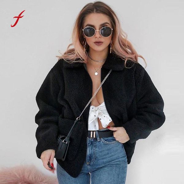 

feitong 2018 new women's casual lapel coat long sleeve fuzzy fleece outwear jackets with pocket manteau femme hiver wholesale, Black;brown