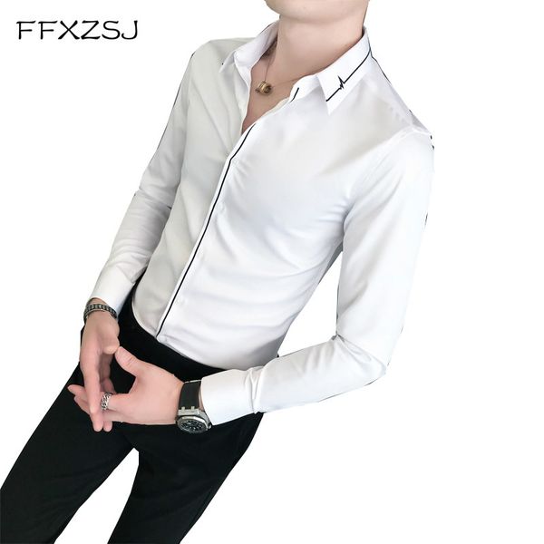 

men trim business casual shirt in solid color fashion shirt long sleeved embroidery autumn casual fashion business slim, White;black