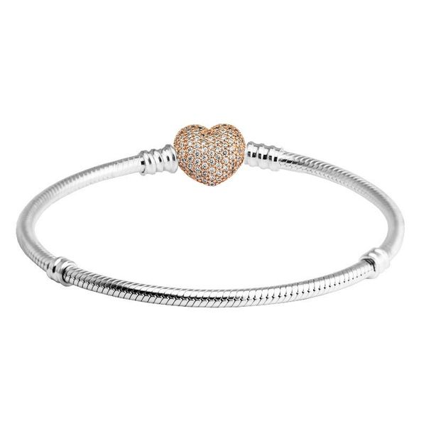 

fits pandora beads silver bracelets for women clear cz rose gold heart shape clasp snake chain diy fashion bracelets silver 925 jewelry, Golden;silver