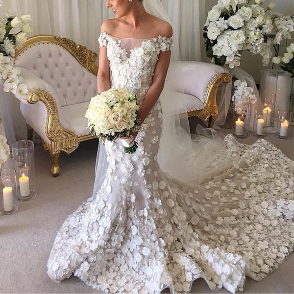 

beautiful luxury new arrival mermaid wedding dresses 3d floral applique lace chapel train bridal gowns wedding dress vestidos de novia, White