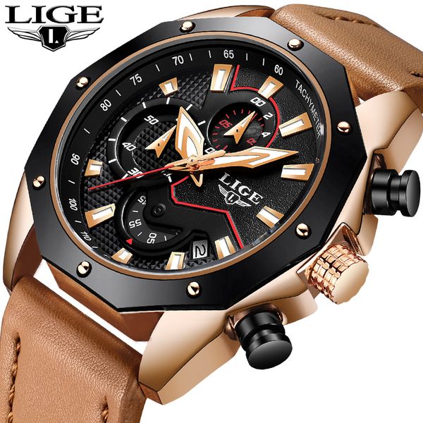 

lige men watches business waterproof quartz gold watch men leather creative sport wristwatch relogio masculino, Slivery;brown