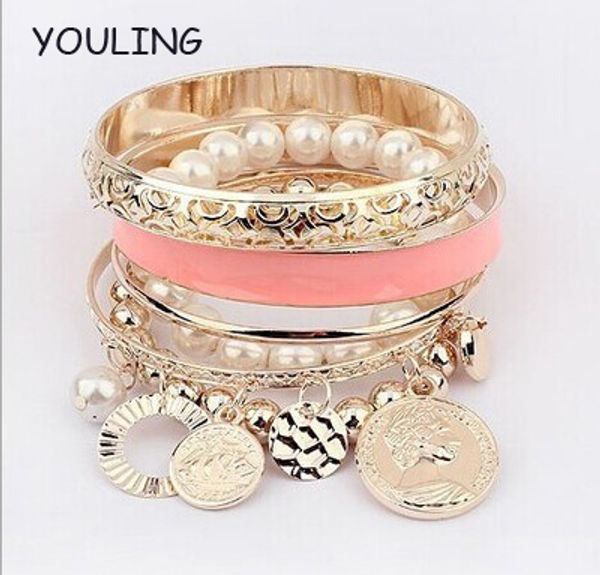 

youling bracelets & bangles sets women coins simulated pearls charm bracelets bijoux gold color bangle womens, White