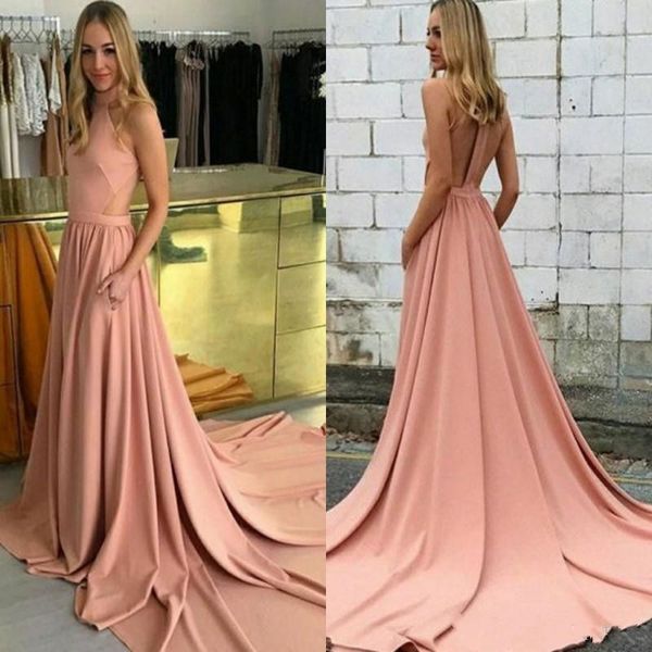 

2018 halter neck cutaway sides long a line prom dresses backless evening gowns with pockets sweep train party dress custom made, Black