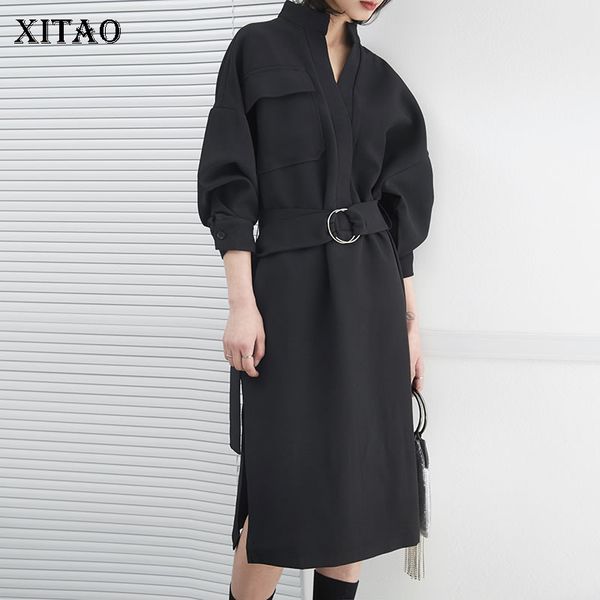 

xitao] korea 2018 spring new casual women solid color pocket v-neck dress female full sleeve bandage knee-length dress ljt1197, White;black