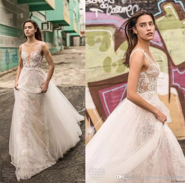 Liz Martinez Abiti da sposa country Abiti da sposa senza schienale con scollo a V Abito in pizzo da sposa Boho vestido de novia