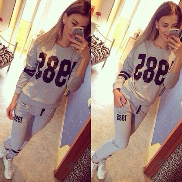 

numbers print hoodies women tracksuits casual sweatshirt and trouser 2 piece women's tracksuit sportwear female autumn 2 pcs, Black