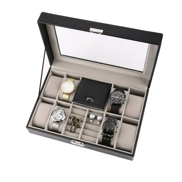

2 in one 8 grids+3 mixed grids black leather jewelry ring watch box case jewelry storage box holder luxury casket display, Black;blue