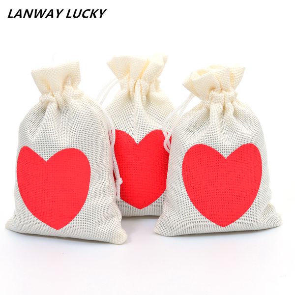 

10 pcs 9x14cm red heart burlap jute drawstring wedding favors bag rustic party favor candy gift hessian pouch jewelry packaging