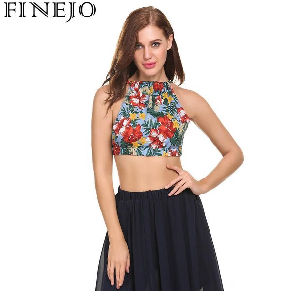 

finejo print casual halter sleeveless short back lace up women vest, White