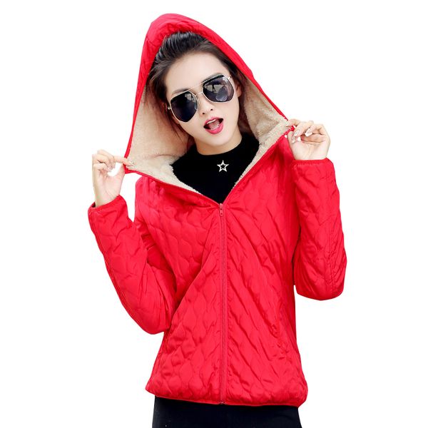 

2017 women winter jacket hooded fleece solid coat spring thin outerwear female short parka zipper jaqueta feminina, Black
