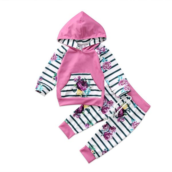 

2018 newborn kids baby girl clothes long sleeve hooded hooded t-shirt pants outfit striped floral sweet set, White