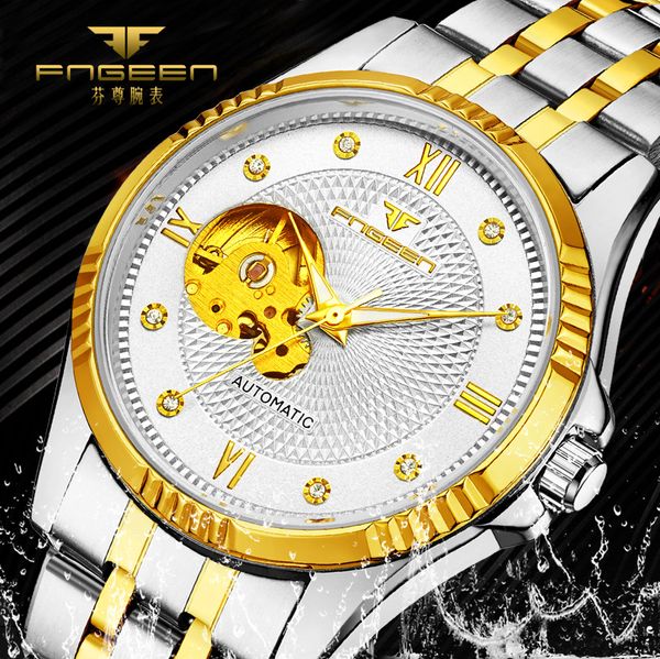 

2018 fashion skeleton design diamond golden dial steel mens watch mechanical automatic wrist watches, Slivery;brown