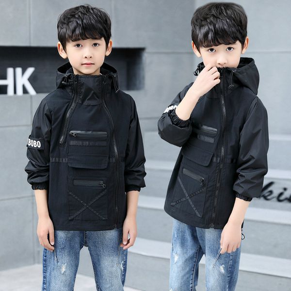 

children outerwear teenager trench boys coats and jackets letter printed boys' hooded windproof kids windbreaker, Blue;gray