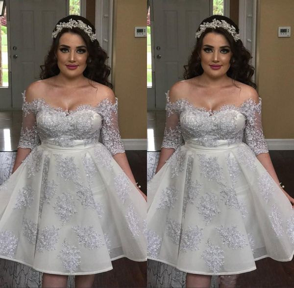 2019 Barato Curto Mint Silver Cocktail Vestidos off Ombro Meios Mangas Lace Appliques Beads Organza Prom Festa Vestidos Homecoming Vestidos