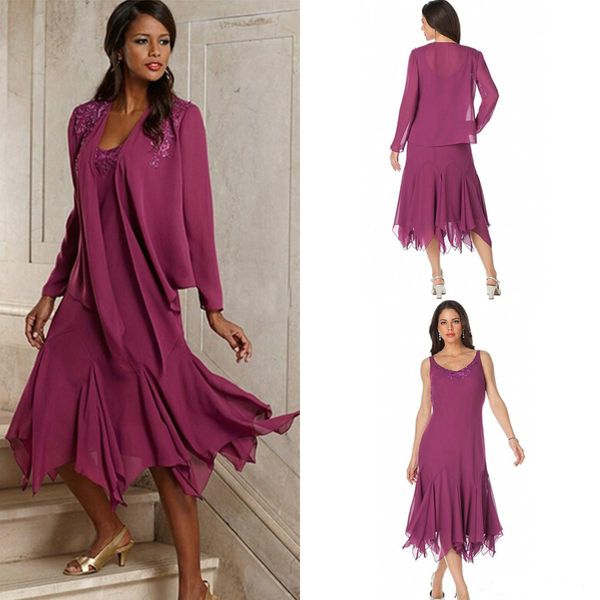 

Latest Purple 2 piece Chiffon mother of the bride dresses Tea Length Groom Wear Pleat Wedding Guest Dresses With Jacket