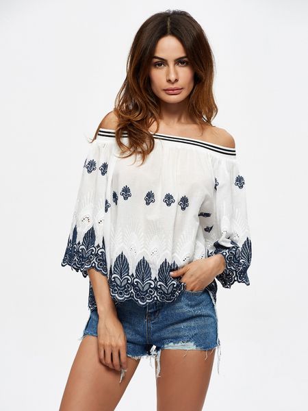 

women's white off shoulder bat sleeve embroidery shirt blouse loose fashion blouse shirt l xl 2xl