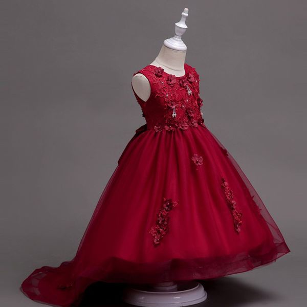 

teen girls wedding applique gown for girl dress children sleeveless pageant formal princess party trailing dresses, Red;yellow