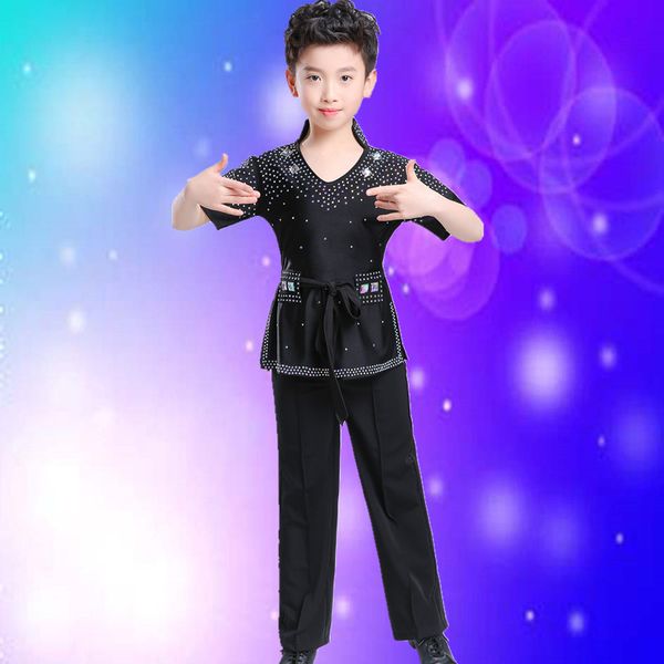 

2018 new boys white black dance shirt competition performance modern salsa tango samba latin shirts+pants boys dancewear, Black;red