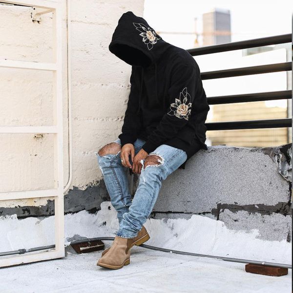 

mens ins floral pattern male hoodies yellow black khaki high street hooded pullover loose cotton top