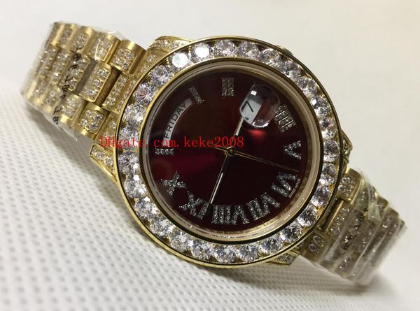 

luxury watch 36mm red dial day date 18238 full diamond bezel dial bracelet 18k yellow gold swiss eta 2836 movement automatic mens watches, Slivery;brown
