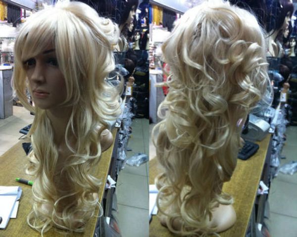 

sell charming long soft blonde curly hair cosplay lady's full wigs, Black