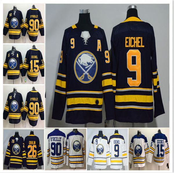 

2018 buffalo sabres mens hockey #9 #15 jack eichel 90 ryan o'reilly 23 sam reinhart 21 kyle okposo 26 rasmus dahlin stitched s-3xl, Black;red