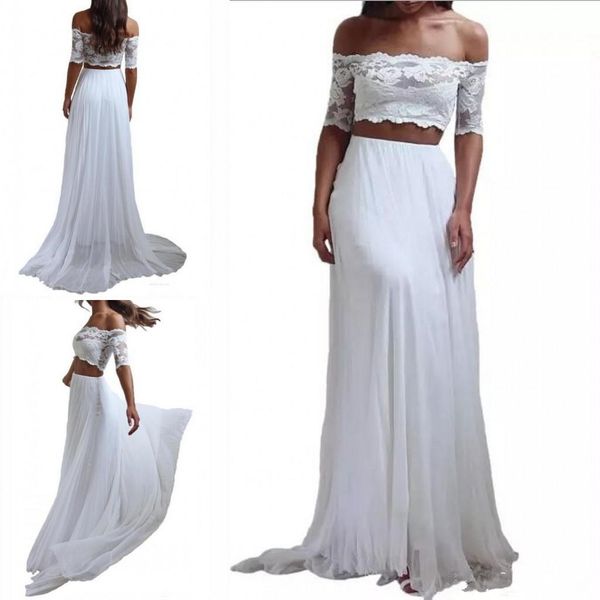 

new fashion boho wedding dresses two pieces lace chiffon skirt elegant half sleeve bridal gowns for beach wedding custom size, White