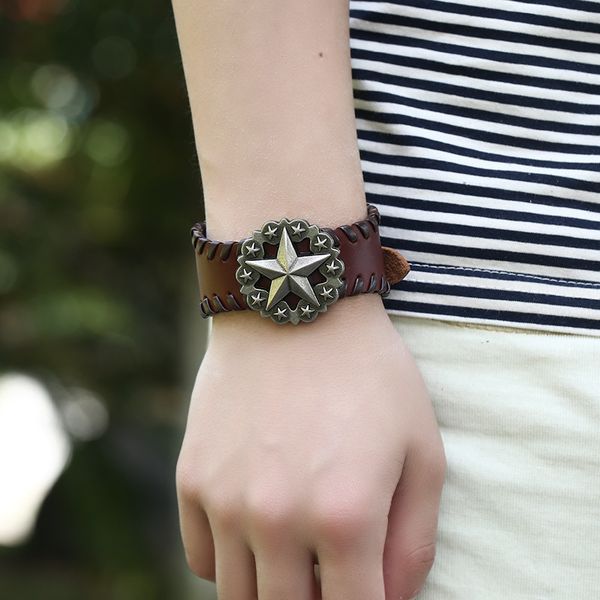 

p01725 hip-hop five-pointed star bracelet retro europe and america fashion christmas presents leather silvery a wristwatch buckle, Golden;silver
