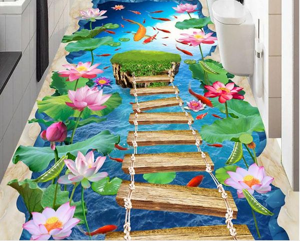 

3d landscape wallpaper lotus pond carp 3d lotus floor 3d pvc floor wallpaper for bathroom