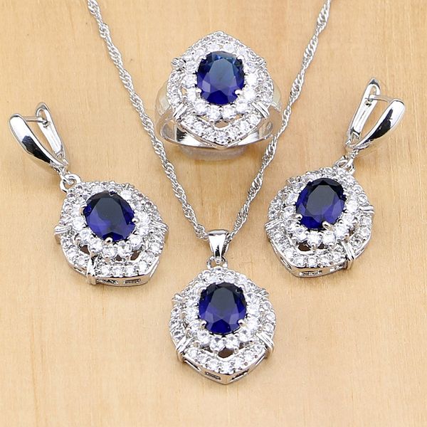 

blue cubic zirconia white cz 925 sterling silver jewelry sets for women earrings pendant necklace rings gifts box, Slivery;golden