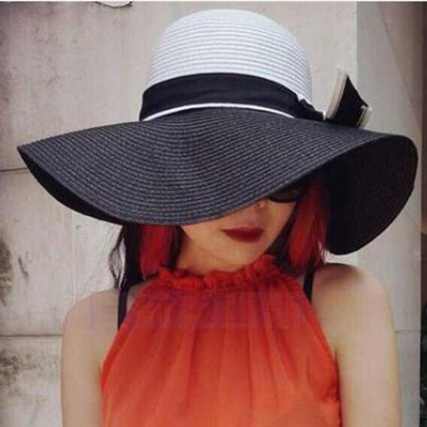 

women's large brim sun hats with bowknot black and white stripes straw hat floppy linen band hats for summer holidays travelling beach, Blue;gray
