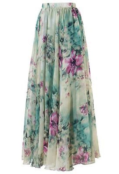 

wholesale- women chiffon vintage skirt 2016 women summer pleated floral printed women flared saias vestidos sundress beach long maxi skirt, Black