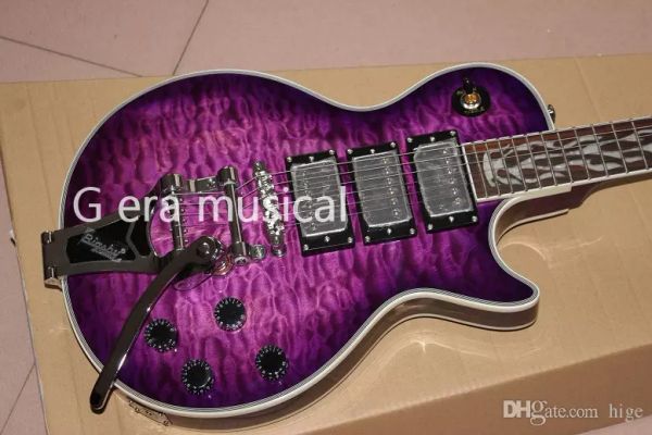 

Cu tom hop tran purple quilted maple electric guitar big birdge flame mop fingerboard inlay 3 humbucker pickup chrome hardware