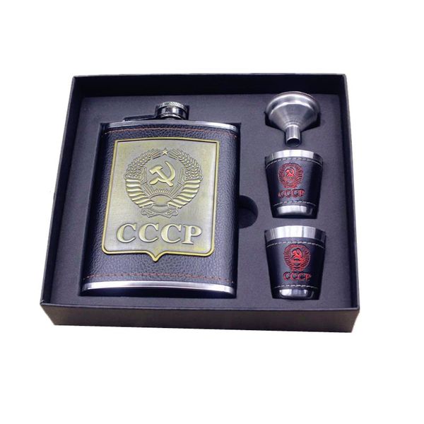 

8oz hip flask with funnels cup whiskey wine beer botton drink alcohol stainless steel embossed flagon pu leather russia flasks