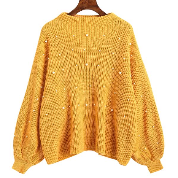 

zaful new 2018 lantern sleeve faux pearl beading sweater slash neck long sleeve loose winter spring pullovers sweater pull femme, White;black